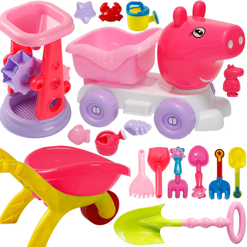 Pink Piggy beach toy set Children baby children play sand digging Hourglass shovel tool Cassia girl