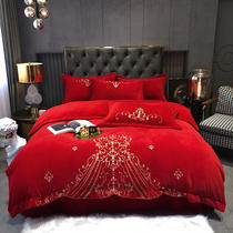 Coral velvet wedding four-piece red embroidery thickened bed winter wedding room festive simple flange milk Velvet
