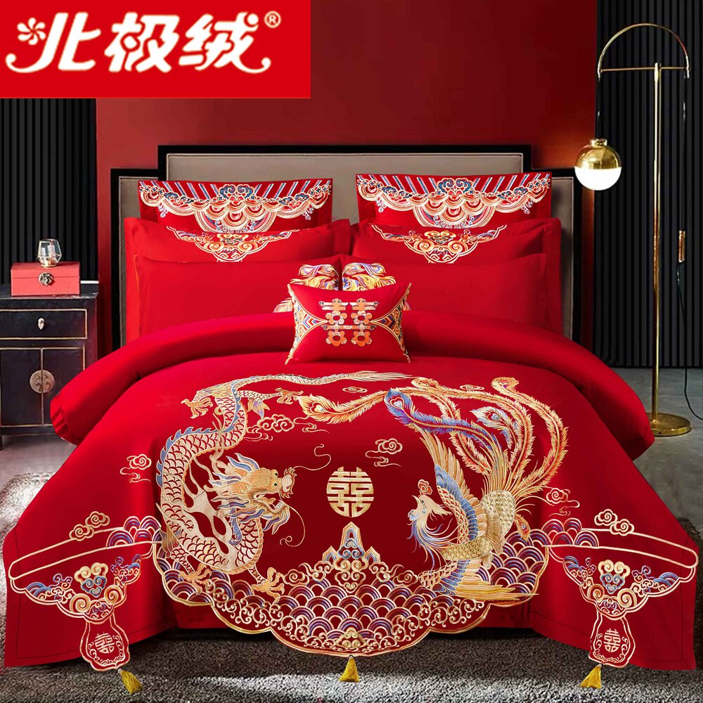 New Wedding Celebration Four Sets Large Red All-cotton Embroidery Longfeng Wedding House Courtesy of the Wedding Pure Cotton Six Sets of Quilt Bedding bedding