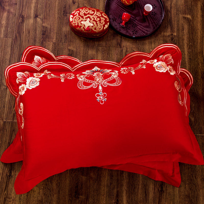Wedding pillowcase big red cotton embroidery single and double pillow leather new wedding room ceremony wedding festive bed 48*74 pair