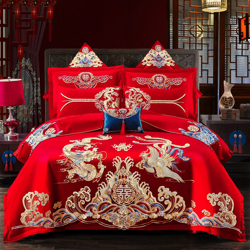 Wedding four-piece set of big red dragon and phoenix embroidery cotton new wedding wedding room ceremony cotton bedding six-piece set of embroidery