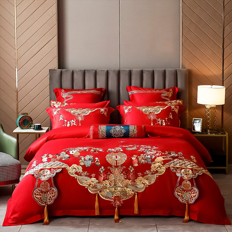 High-end Wedding Celebration Four Sets Large Red Long Suede Cotton Embroidery Full Cotton Longfeng Wedding House Wedding Wedding Quilt Bed 60 pieces