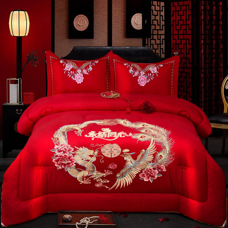Wedding Quilt Spring and Autumn Wedding Big Red Embroidered Dragon and Phoenix Quilt Single Double New Wedding Room Ceremony Dowry Woman Happy Cotton Quilt