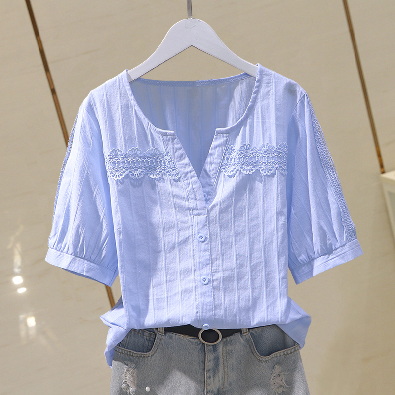 Lace Trim Patchwork Cotton Blouse 2026 Summer New Korean Style Pullover Top Versatile Slim Fit Pure Cotton Shirt