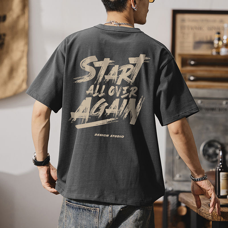 Heavyweight Pure Cotton 2026 New Men's Short-Sleeve T-Shirt with Trendy Print, Gray Summer American-Style Loose Casual Tee