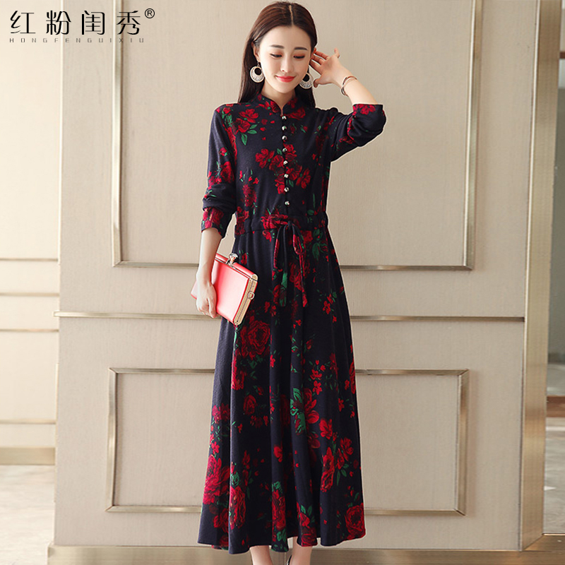 2022 spring and summer new Korean version Temperament Print Long Sleeve Foreign Dress Woman Fashion High Waist Display Slim medium long version A character dress