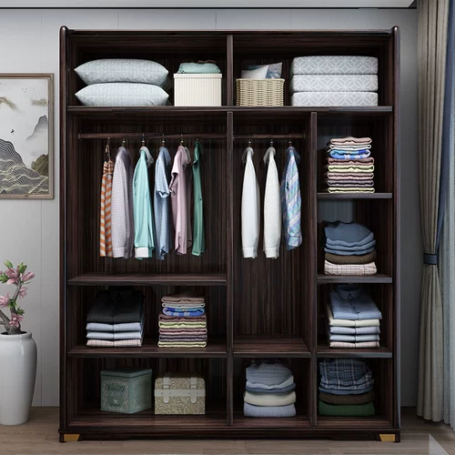 Новый китайский в стиле сплошной лесной шкаф, раздвижной двухдверный гардероб современный простой домашний шкаф для спальни, гардероб черного золота