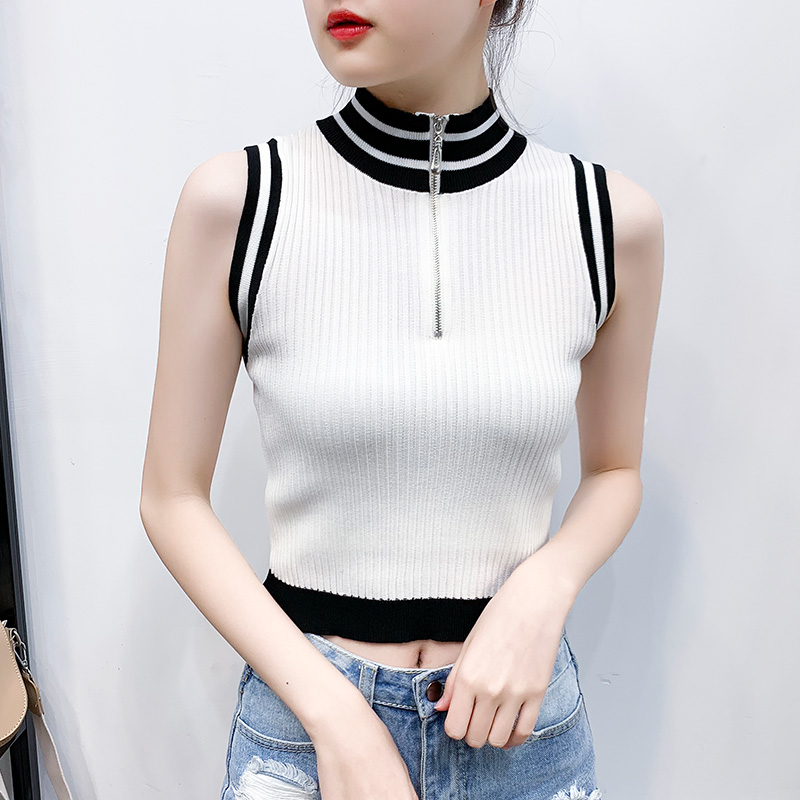 Semi-high collar striped zipper vest 2021 summer new slim short chic exposed navel sleeveless top women's trend