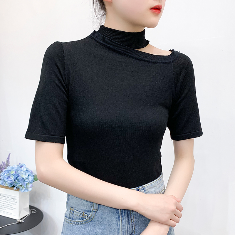 Semi-high collar asymmetrical sweater 2021 new summer fashion hollow open shoulder ins slim top short-sleeved women's tide