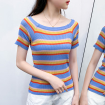 A word shoulder rainbow stripe sweater short-sleeved short summer new slim thin ice silk T-shirt womens tide