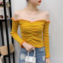 One-word collar strapless long sleeve knitwear shirt 2021 Spring and Autumn new sexy striped wooden ear chest top female