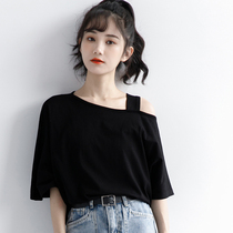 South Korea 2022 Summer new design sense harness leaky shoulder short sleeve T-shirt female loose Korean version black blouse surge