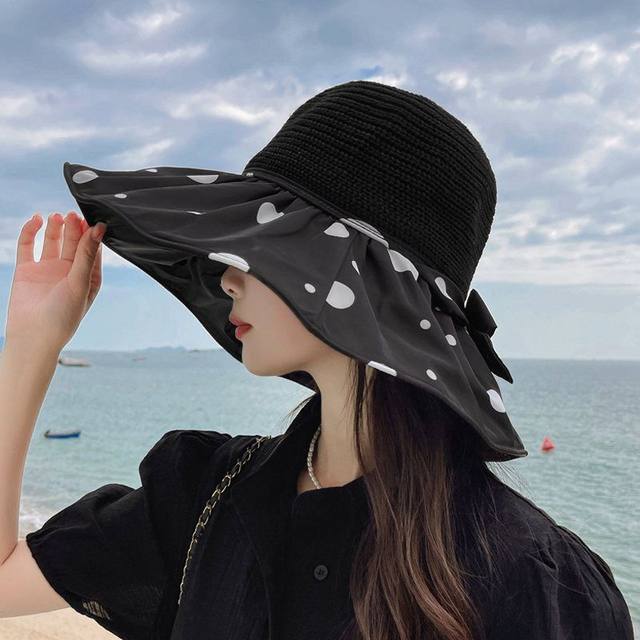 Summer vinyl bow sun hat ສໍາລັບແມ່ຍິງ, ຫມວກເຟືອງເປັນຮູທີ່ມີ brim ຂະຫນາດໃຫຍ່ເພື່ອປົກຄຸມໃບຫນ້າ, ປ້ອງກັນແສງແດດ, ຫມວກຊາວປະມົງ, ຄົນອັບເດດ: ແລະຄົນອັບເດດ: