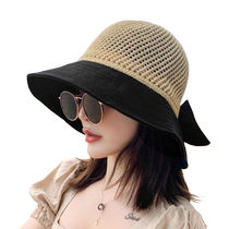 Spring and summer new style versatile fisherman hat womens knitted hollow color-blocked bow sun hat sun protection straw hat trendy