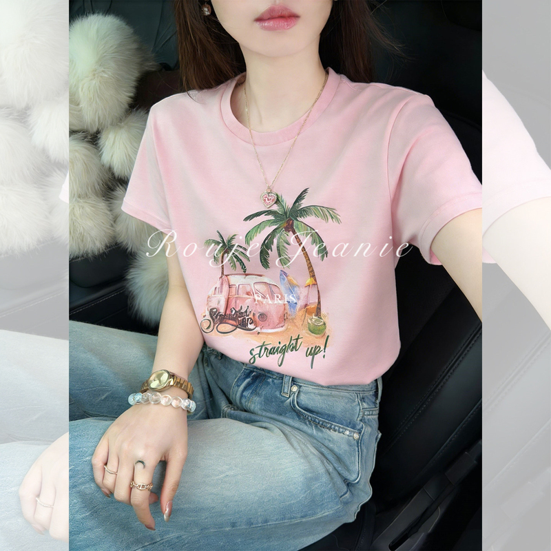 Rouje Jeanie Pink Holiday Coconut Tree Print Round Neck Loose Short-Sleeved T-Shirt for Women Korean Style Sweet Top