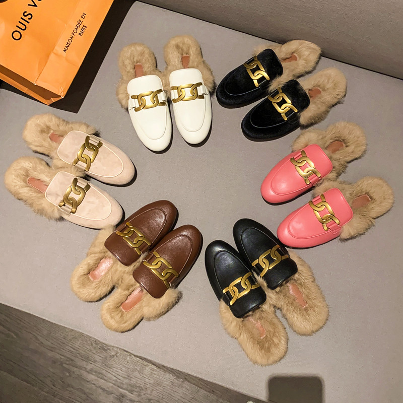 Gross Fur Slippers Women Wear Mueller Shoes 2022 New Net Red Baotou Flat Heel Semi-Drag Woman Genuine Leather Flat-bottomed Lazy drag 