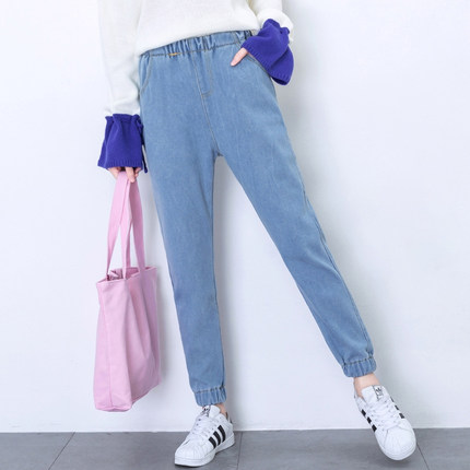 松紧高腰牛仔裤女宽松bf韩版学院风百搭学生直