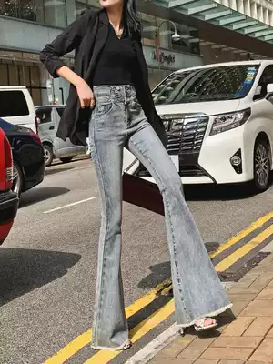 High-waisted multi-breasted trumpet jeans women's spring and autumn 2021 New thin elastic slim slim trousers