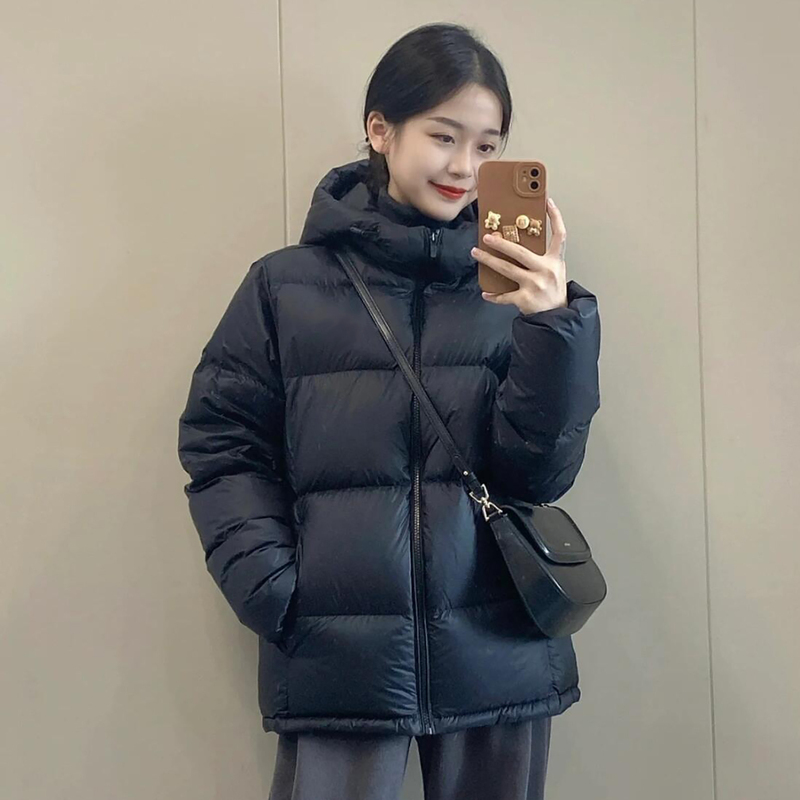 Black Short Couple's down Jacket for Women, 2025 Winter New Thickened Puffer Jacket, Warm Hooded White Duck down Coat