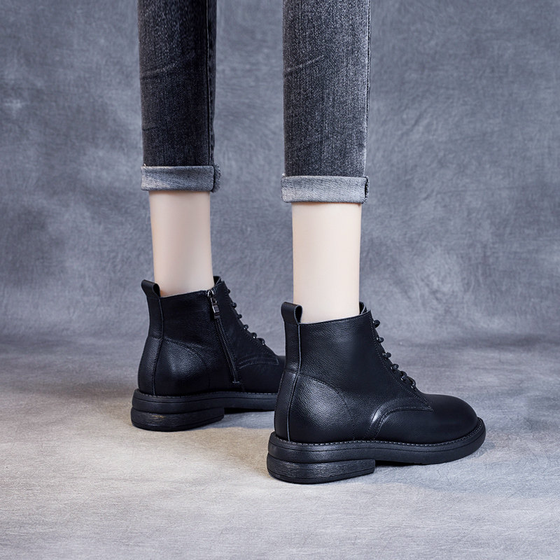 Leather 2023 European cargo boots boots small leather female English wind Martin boots retro female boots low - gang girl boots