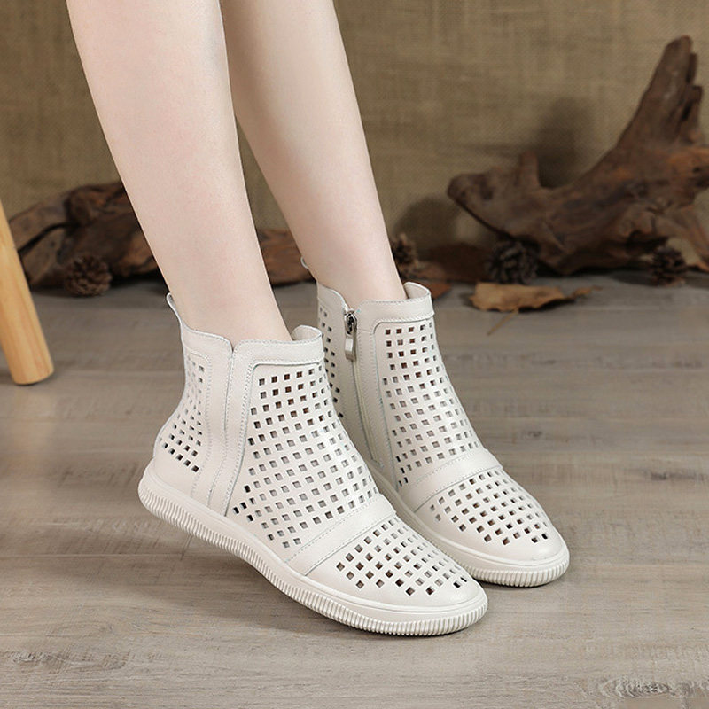 Leather hollow beige short boots summer thin women's pure leather grid soft bottom soft surface soft leather summer boots women's boots