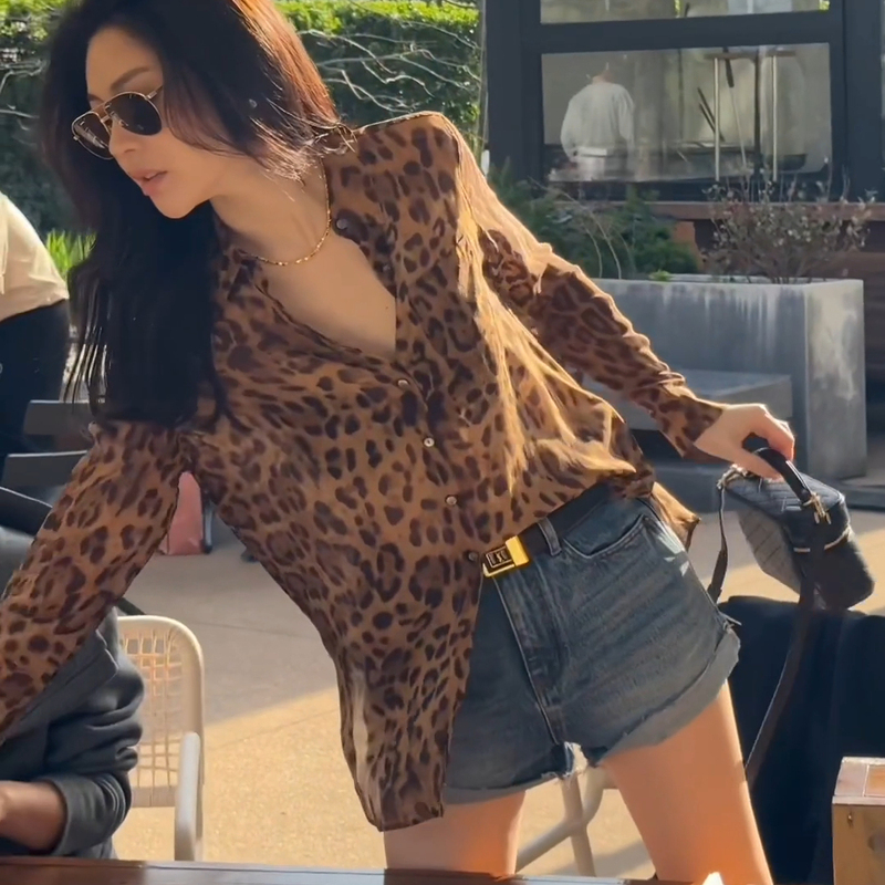 Leopard Print Long-Sleeved Shirt for Women, Summer High-End Style, Hong Kong Style Retro Loose Gauze Shirt, French V-Neck Top Leopard Print Long-Sleeved Shirt for Women, Summer High-End Style, Hong Kong Style Retro Loose Gauze Shirt, French V-Neck Top