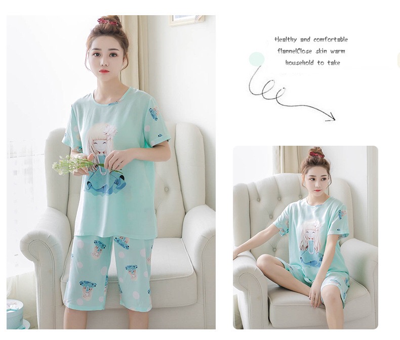 Giản dị ngắn- tay quần short đồ ngủ phụ nữ phù hợp với bông phim hoạt hình kích thước lớn mùa hè bông mô hình nhà mặc bên ngoài mặc hai bộ đồ bộ trung niên