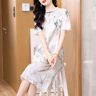 真丝连衣裙女2025新款夏短袖V领印花真丝裙子妈妈装国风减龄显瘦