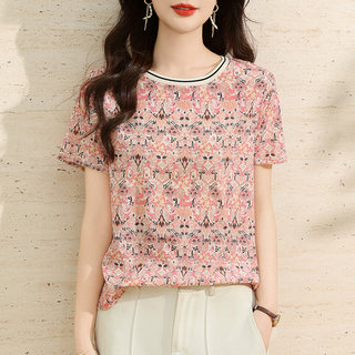 真丝衬衫女大码宽松2025新款夏季高端桑蚕丝气质圆领短袖上衣小衫