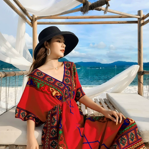 Ретро этническое пляжное платье, длинная юбка, Таиланд, этнический стиль, стиль бохо, большой размер