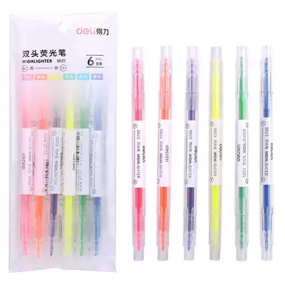 Del 6 sets of double-head fluorescent pen S627 pink orange, yellow, green, blue and purple color thickness and two marks marked with reading, learning, stationery, student office pastel eye-catching candy-colored pen
