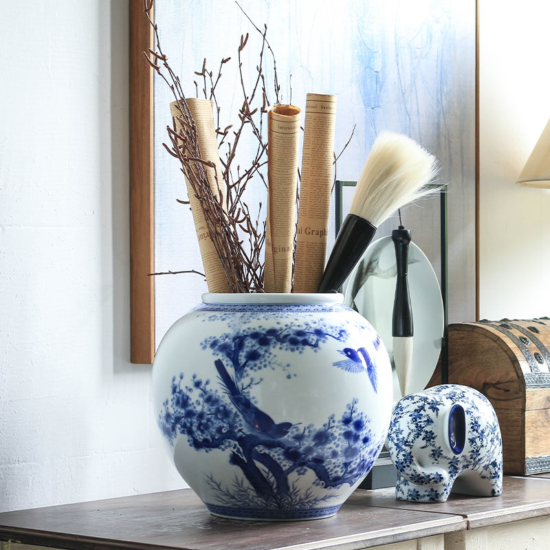 Jingdezhen ceramic furnishing articles double - sided hand - made painting of flowers and big blue and white porcelain vases, new Chinese style living room home furnishing articles porcelain
