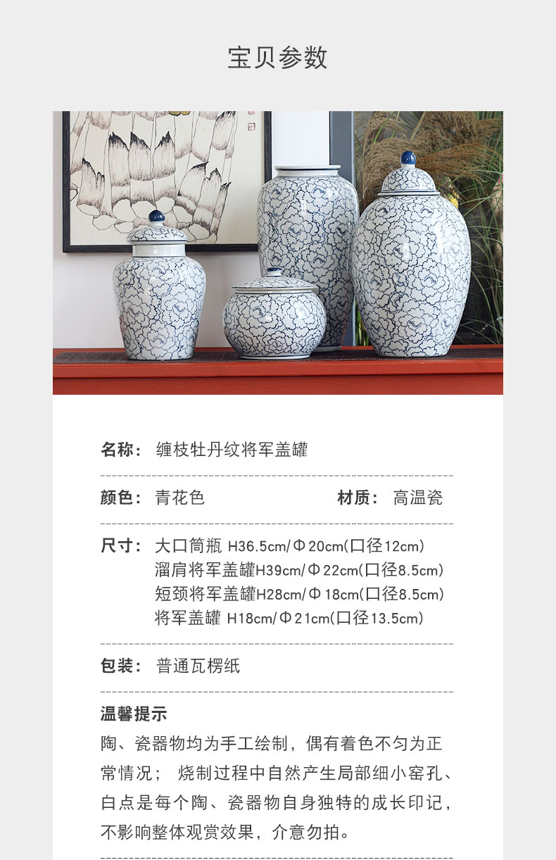 The Clear soup WoGuo new Chinese blue and white porcelain of jingdezhen ceramic vase peony grains fine lines of Chinese style furnishing articles