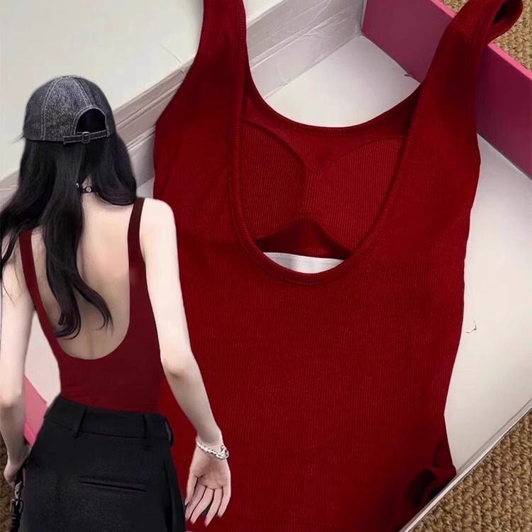 Red Backless Camisole for Women, Summer U-Shaped Beautiful Back Bra Integrated with Chest Pads, Hot Girl Outerwear Top