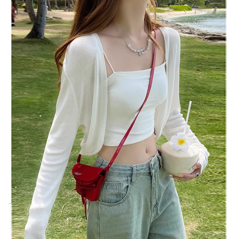 Ice Silk Knitted Cardigan Paired with White Sun Protection Clothing for Women, Summer Thin Camisole Dress, Shawl, Blouse, Air Conditioning Shirt, Jacket