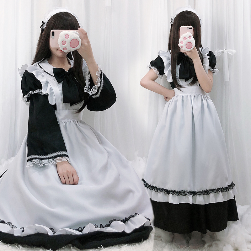 Roleta Soft Sister Ocean dress Long sleeves Black white maid's dress Long version Cartoon Cosplay Maid Coffee Uniform