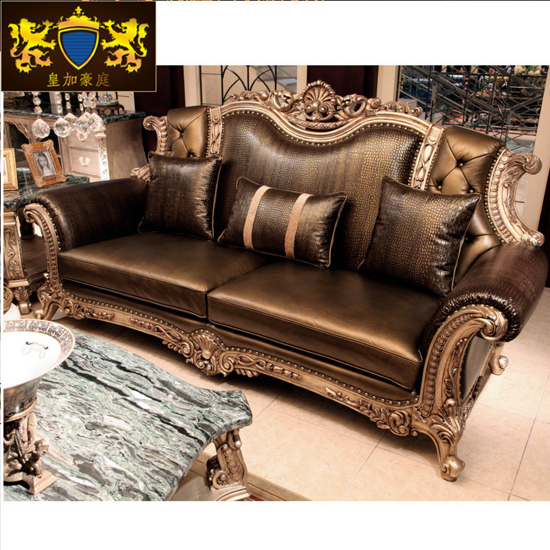 European style solid wood sofa combination 123 Villa living room furniture Daping number carved luxury leather sofa custom