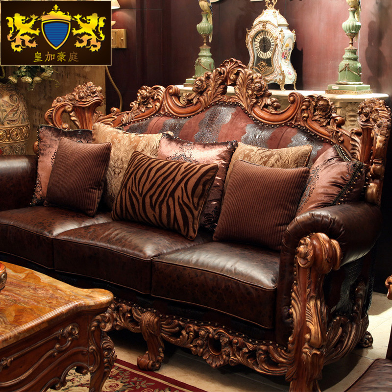 Eu Style Solid Wood Sofa Composition Living Room Furniture American Real Leather Sofa Single Double Trio Luxury Sofa 123