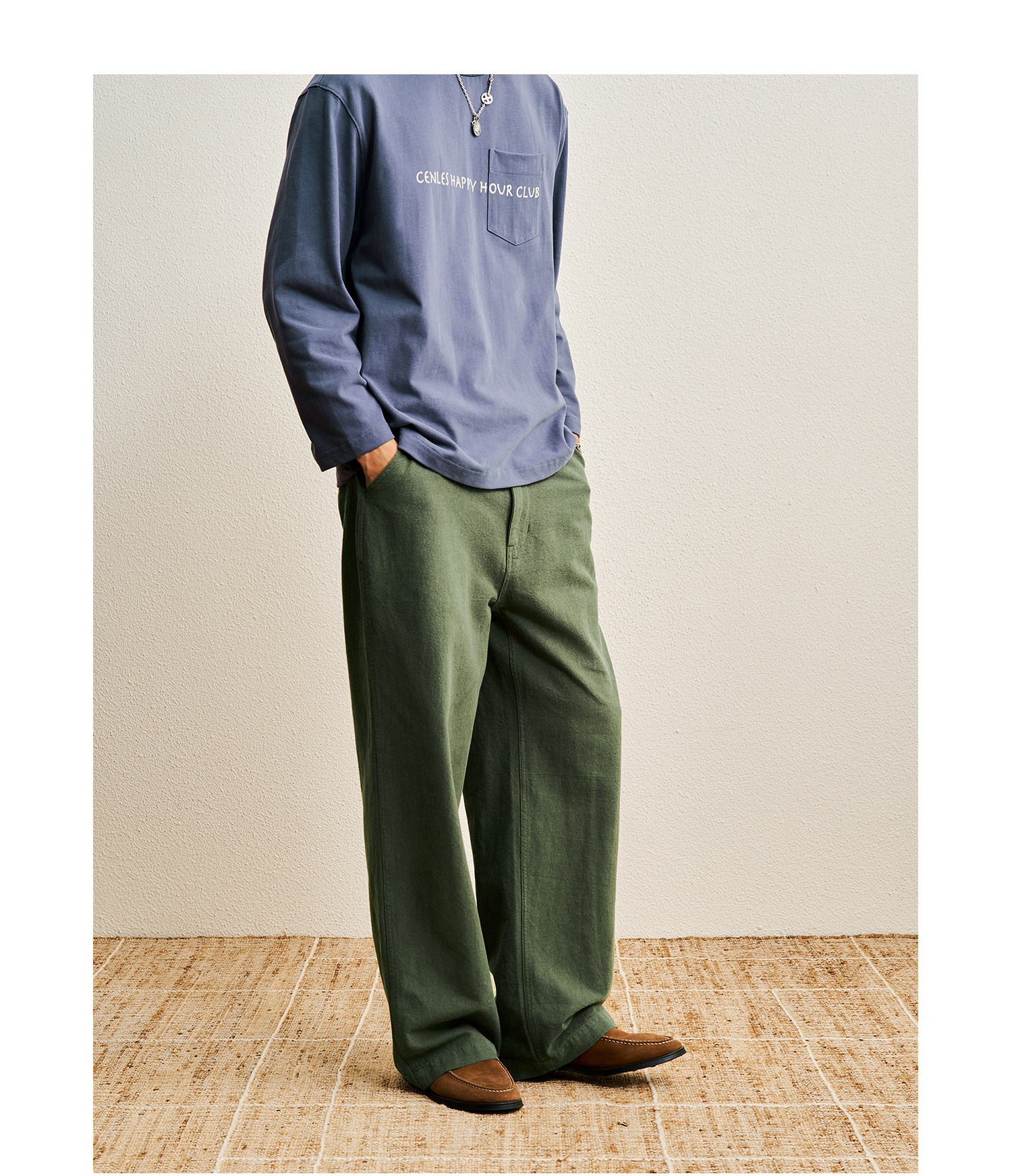 CENLES Cotton-Linen Loose Straight-Leg Trousers