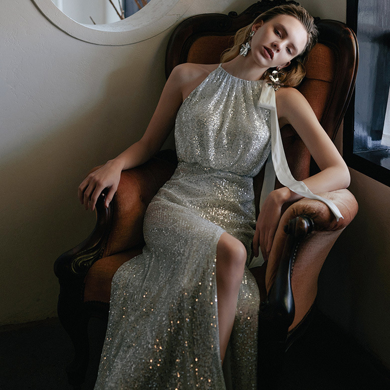 Silver Sequin Evening Dress for Female Host, Performance Banquet Robe, Light Luxury Travel Photography, Niche High-End Engagement Toast Dress