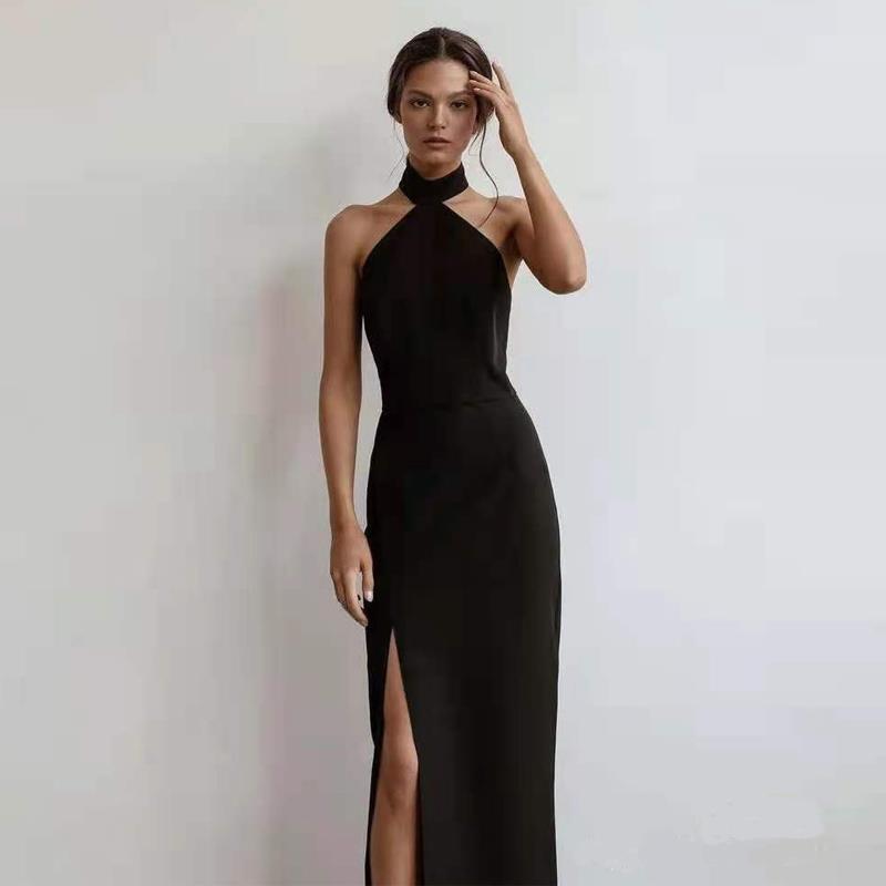 Black French-Style Dress with Hepburn Elegance, Backless Halter Neck Evening Gown, Long Dress for Banquets, Niche Art Exam, Annual Meeting Host Black French-Style Dress with Hepburn Elegance, Backless Halter Neck Evening Gown, Long Dress for Banquets, Niche Art Exam, Annual Meeting Host