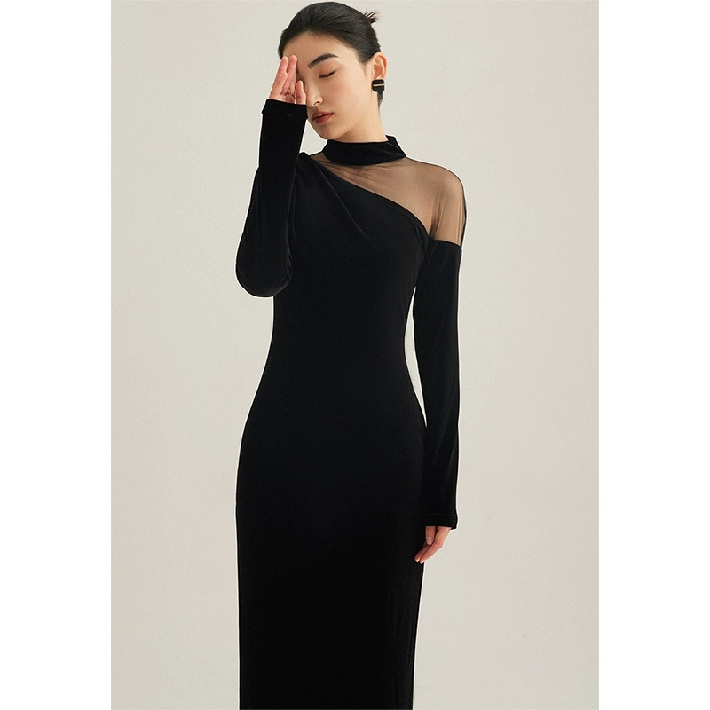 Velvet Light Luxury High-End Evening Dress for Parties, Piano Performances, and Everyday Wear, Hepburn-Style Black Dress