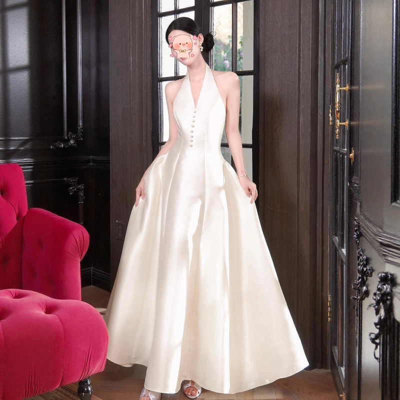 French Satin Waist-Cinching Halter Neck Elegant Sleeveless Dress Simple and Elegant Gown Wedding Bride Engagement Dress