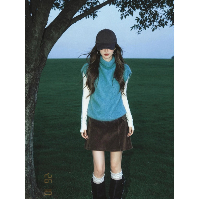 American-Style Half-High Collar Blue Knitted Vest for Women, Autumn Slim-Fit Design, Versatile, Casual, Trendy Top American-Style Half-High Collar Blue Knitted Vest for Women, Autumn Slim-Fit Design, Versatile, Casual, Trendy Top