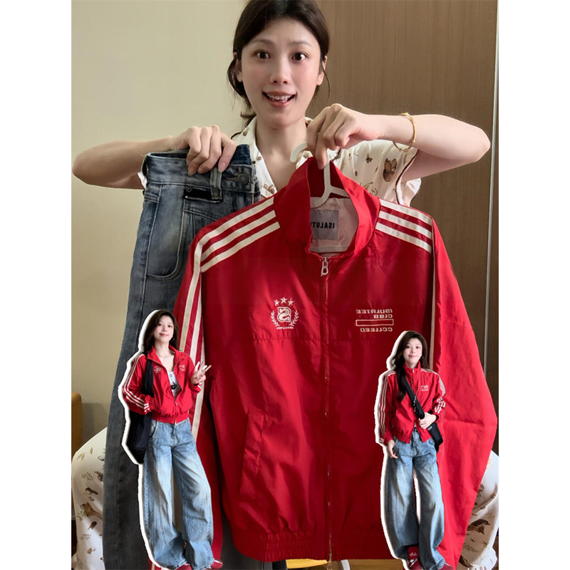 2025 Trendy Brand Three-Stripe Red Letter Embroidered Stand Collar Jacket for Women, Spring and Autumn Design, Preppy Style Baseball Jacket
