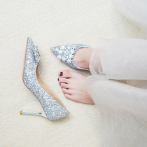 Wedding shoes women 2021 new spring bridal shoes silver sequined princess wedding bridesmaid high heels wedding crystal shoes