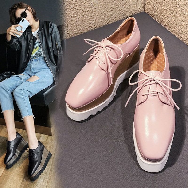 European station square toe platform shoes women's 2022 spring new leather lace-up wedge shoes pink high heels