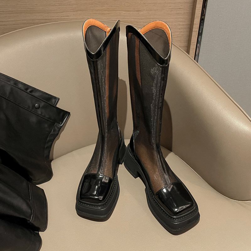 v mouth thin western cowboy boots female real leather thick bottom mesh yarn high cylinder boots 2022 summer new black and knee cool boots