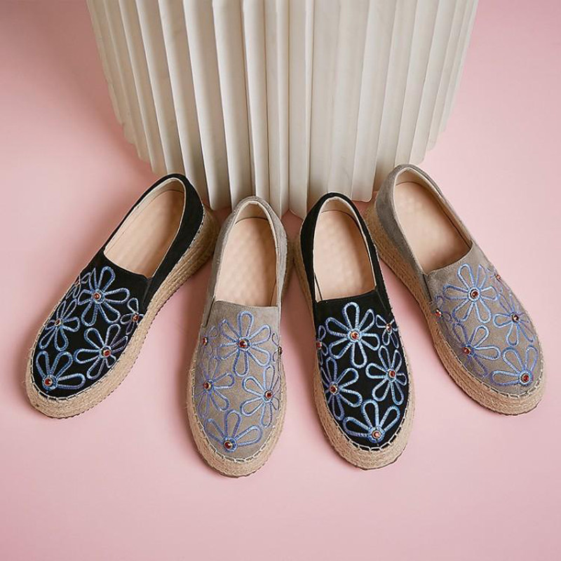 Straw wedge-shaped shoes women's 2022 spring new leather platform shoes rhinestone high-heel slip-on slip-on shoes