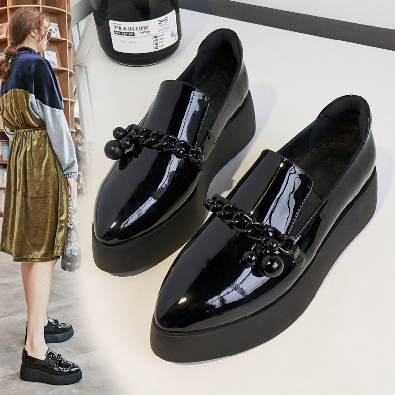 Paint - skinned pine shoes in 2023 spring leather leather tip heel and shoes English lazy slope shoes